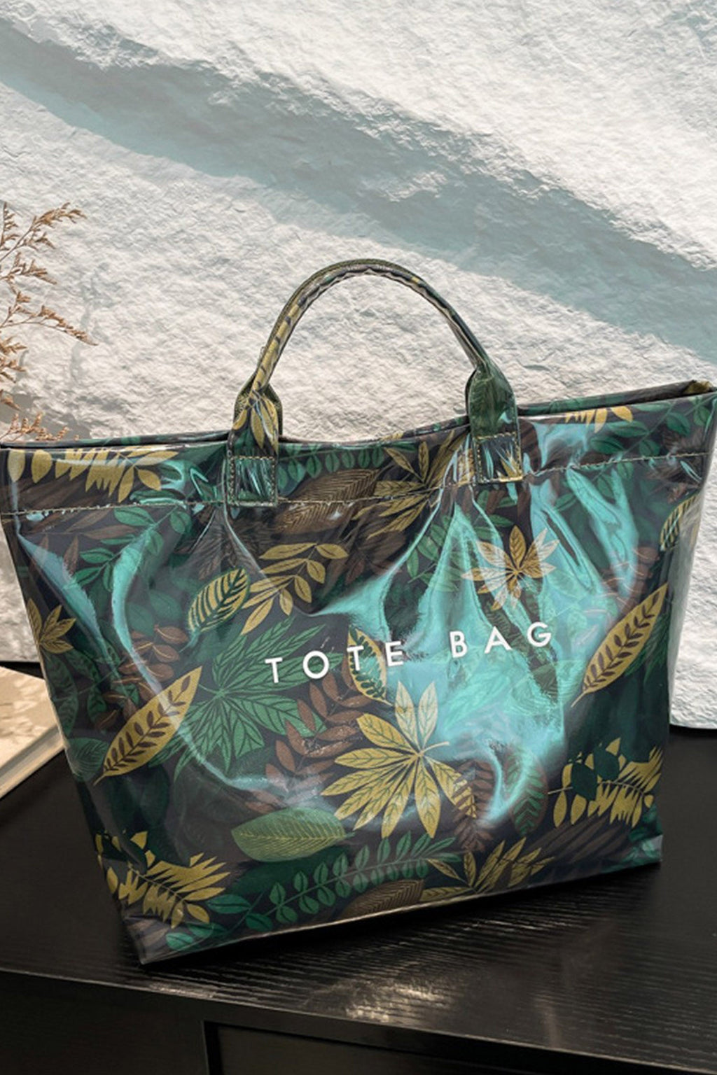 Blackish Green Tropical Print Travel Tote Bag