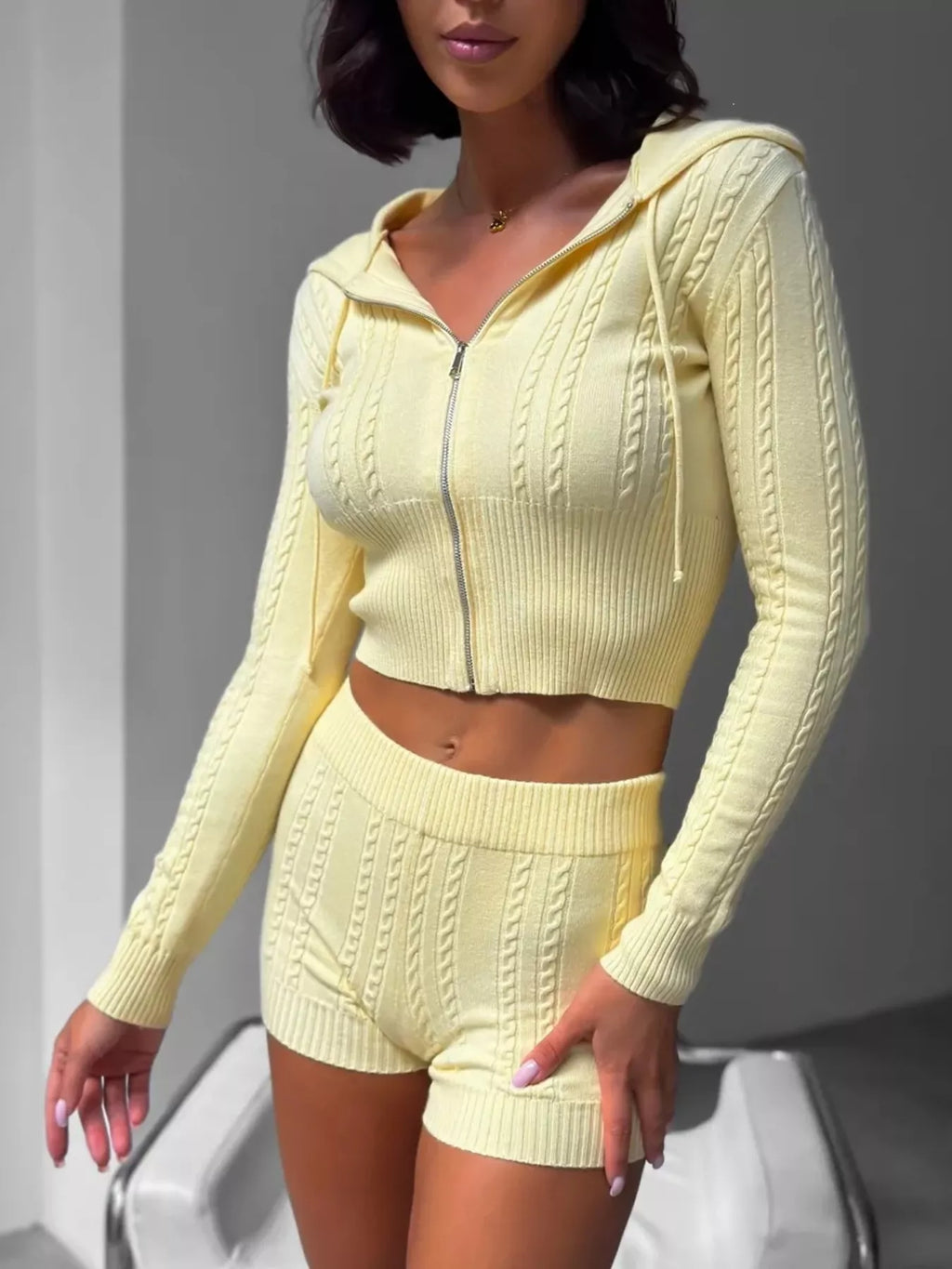 Cable Knit Zip-Up Hooded Top and Shorts Lounge Set
