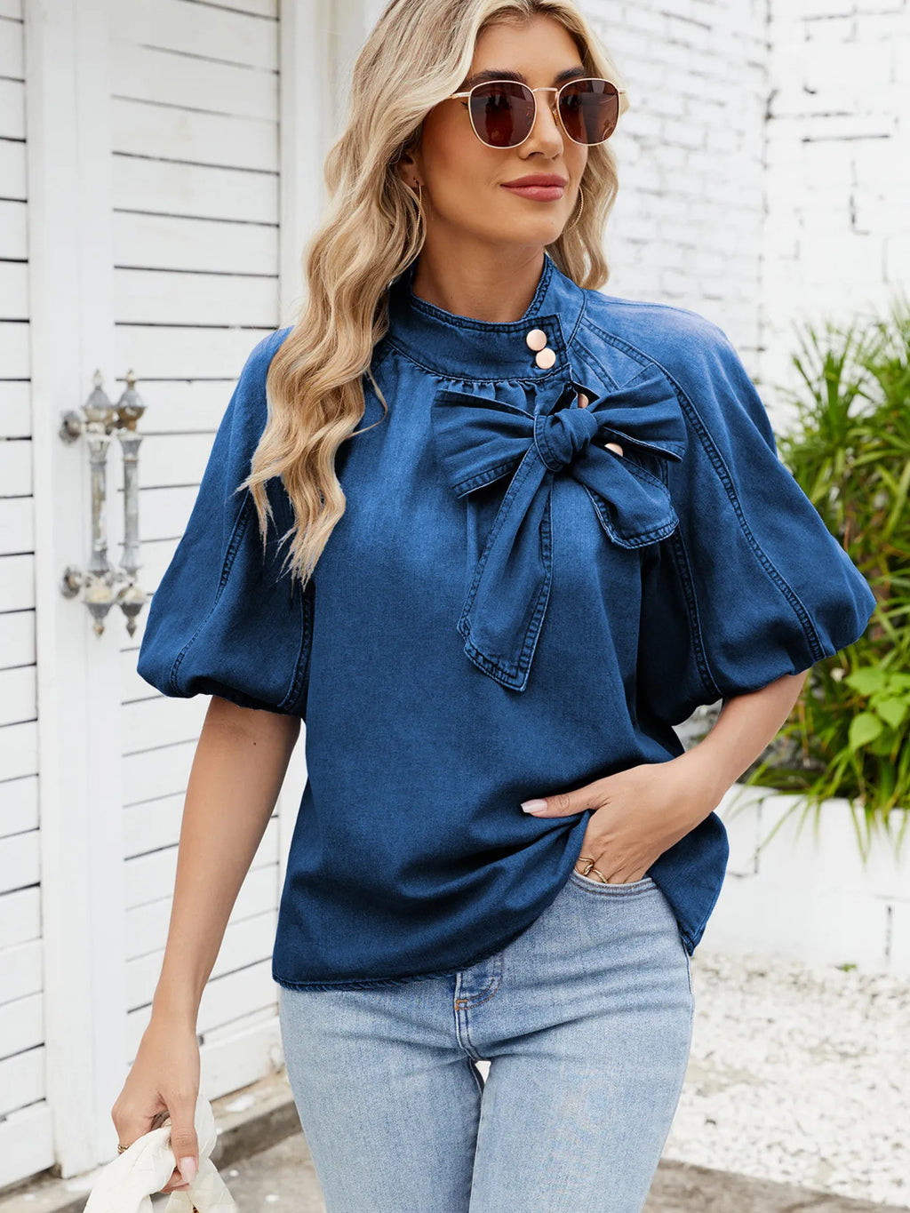 Denim Bow Tie Puff Sleeve Top