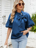 Denim Bow Tie Puff Sleeve Top