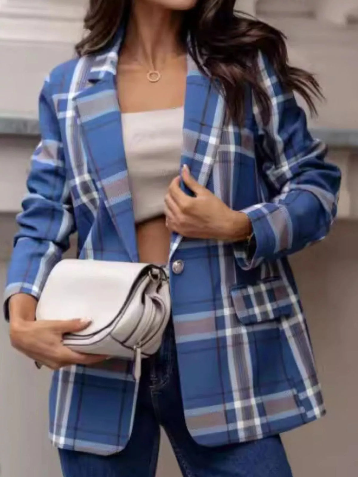 Plaid Lapel Collar Blazer