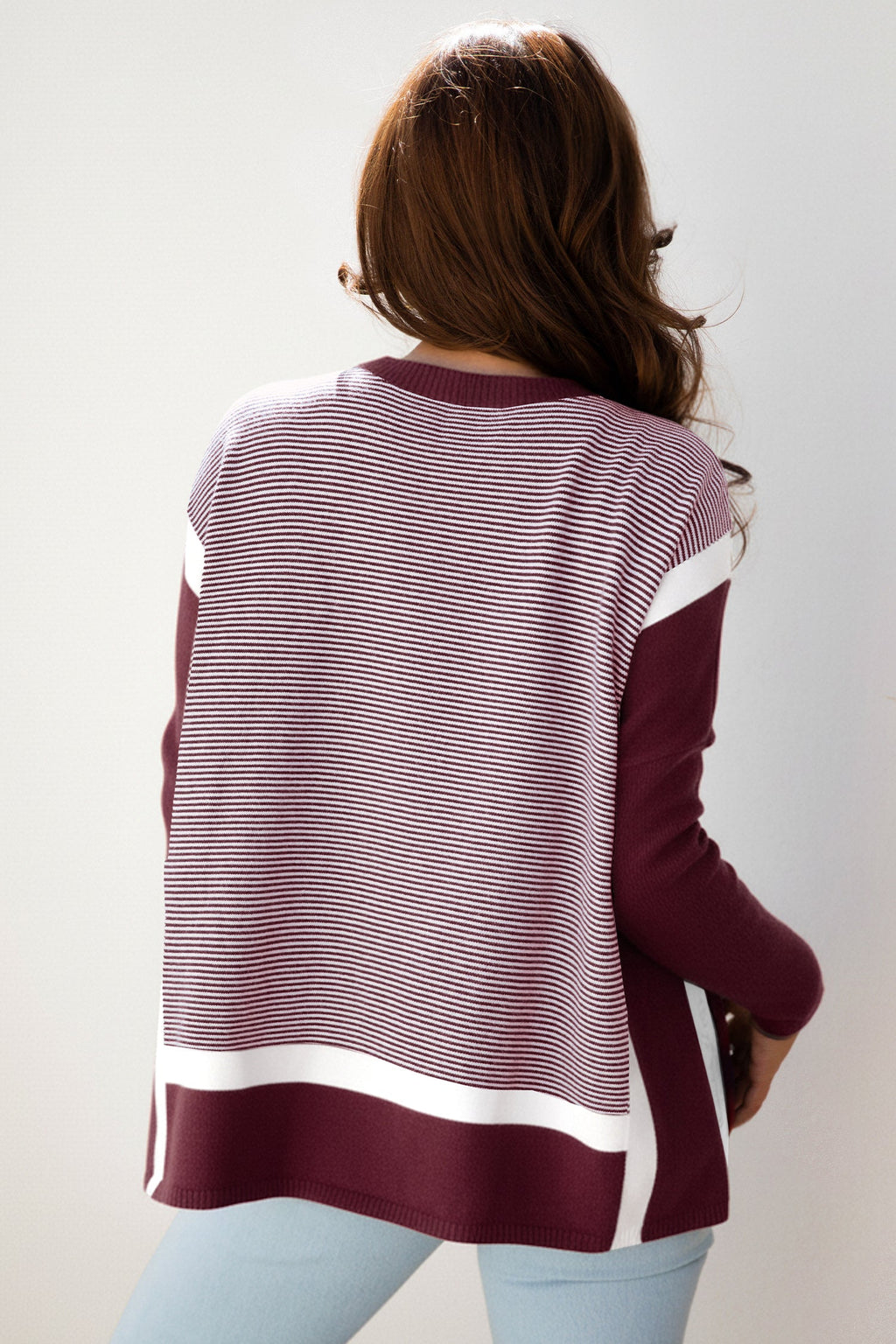 Red Stripe Color Block Patchwork Dolman Oversize Tunic Sweater