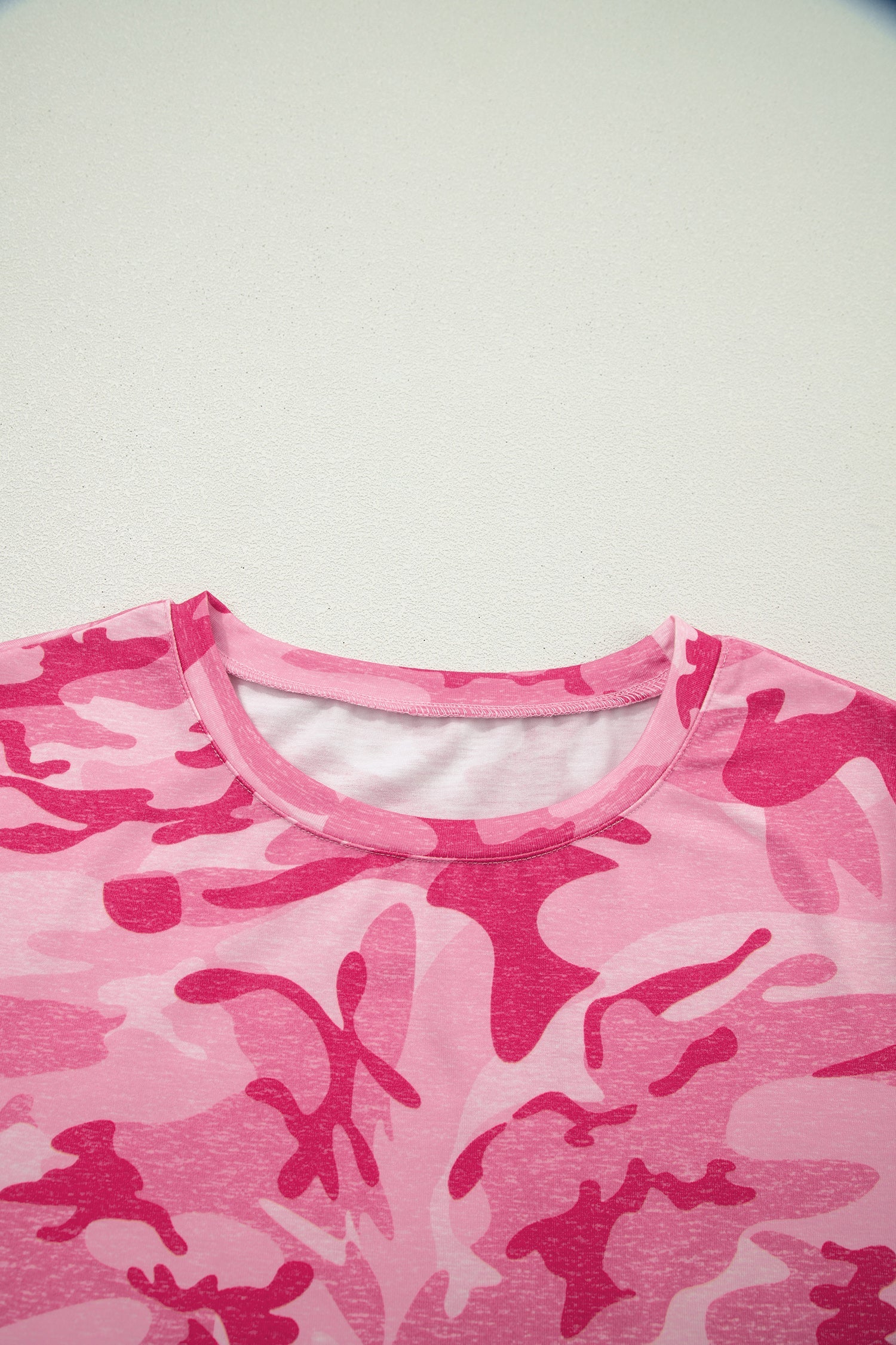 Pink Camouflage Print Crew Neck T Shirt