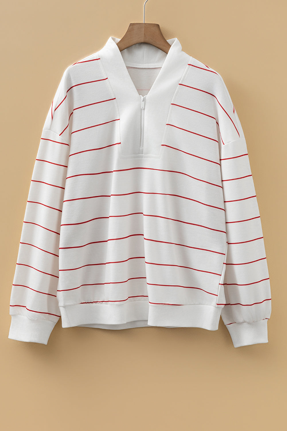 Fiery Red Zip V Neck Casual Stripe Print Drop Shoulder Long Sleeve Top