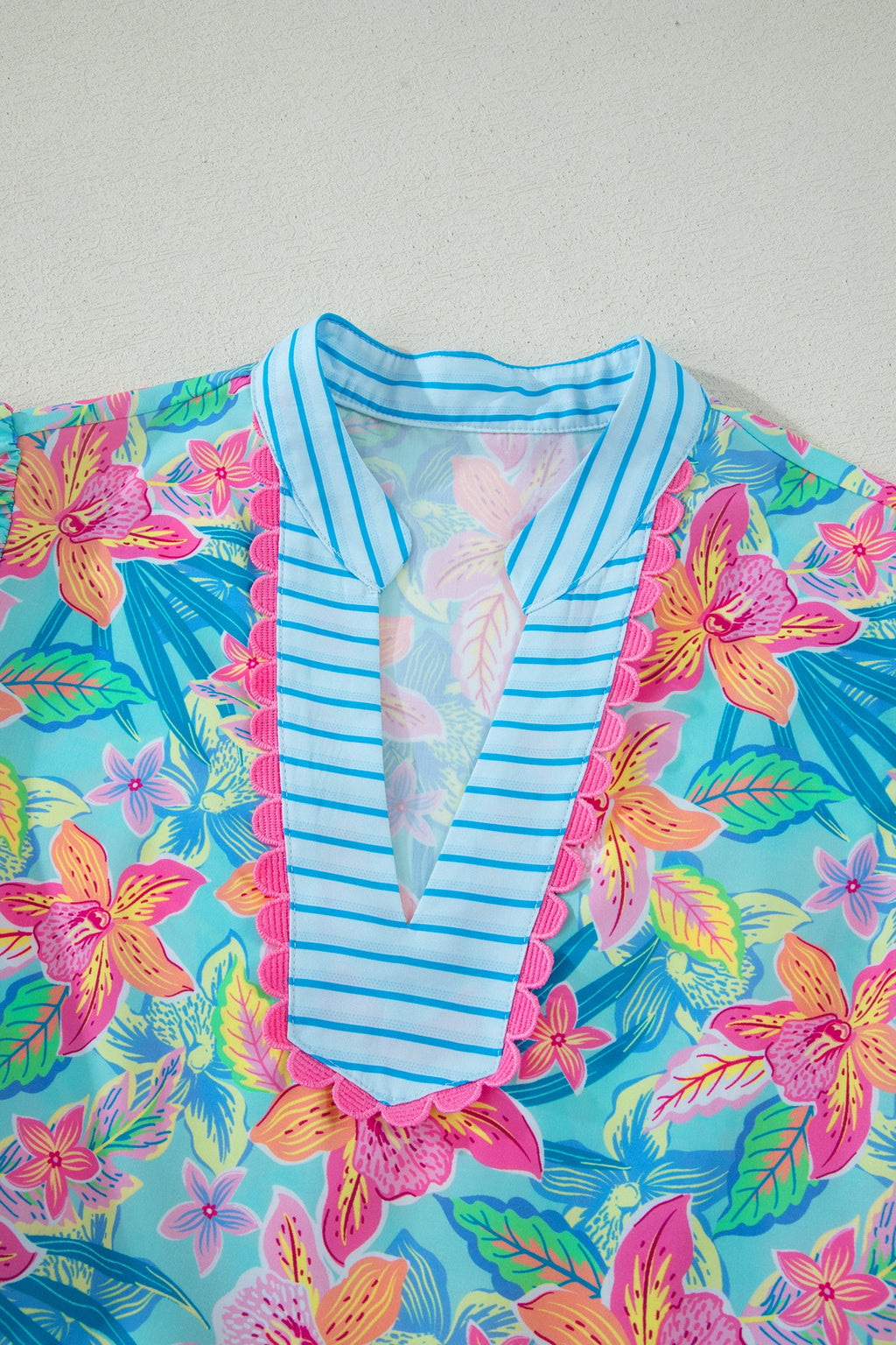 Multicolour Floral Print Contrast Scallop Striped Trim V Neck Dress