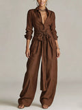 Long-Sleeve Button-Down Waist-Tie Jumpsuit