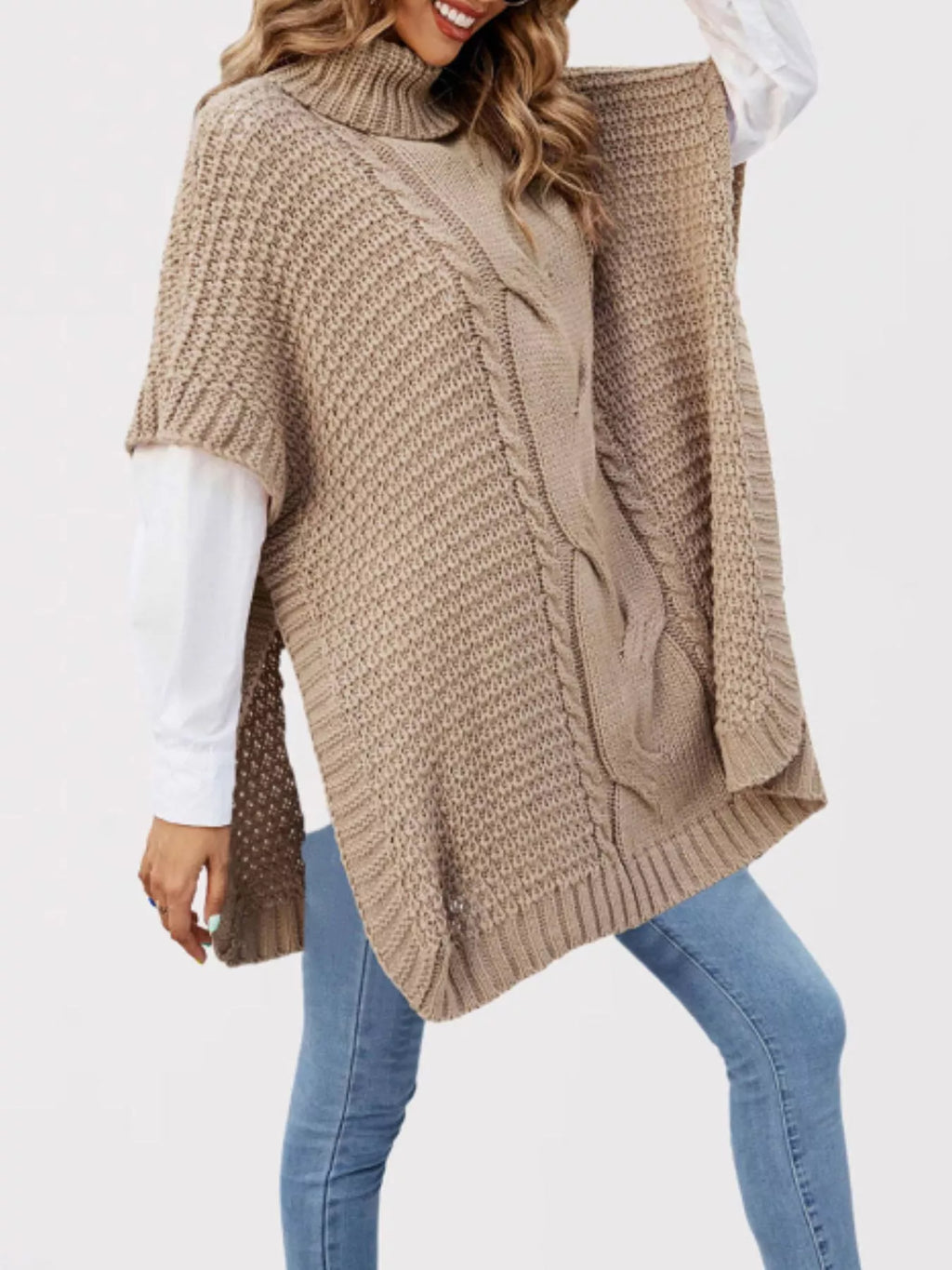Turtleneck Cable-Knit Short Sleeve Oversized Sweater