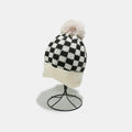 Checkered Knit Beanie with Pompom