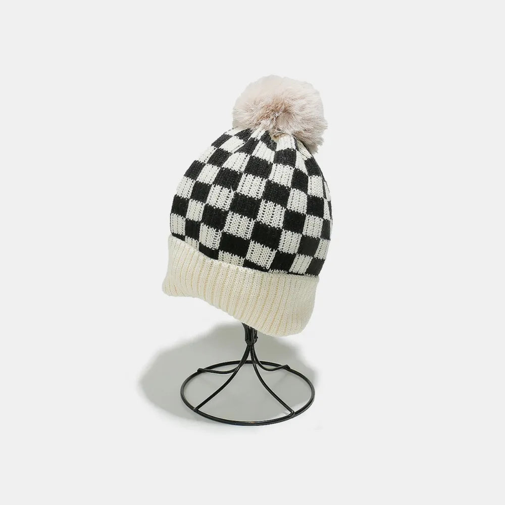 Checkered Knit Beanie with Pompom