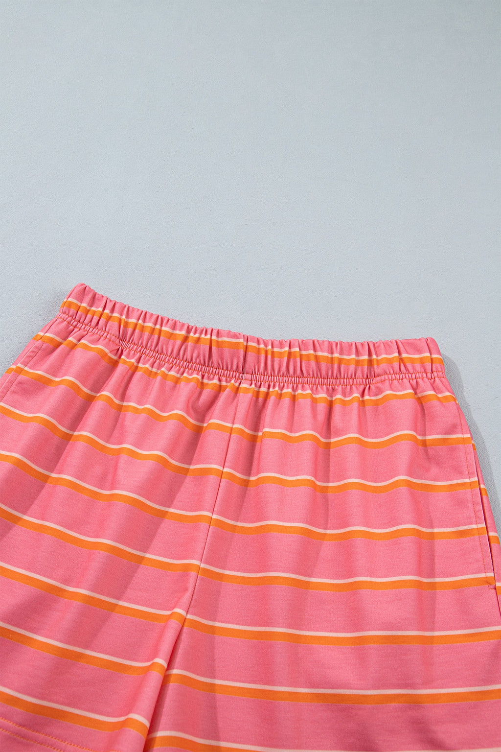 Rose Stripe Color Block Trim Long Sleeve Pullover Pocketed Shorts 2pcs Set