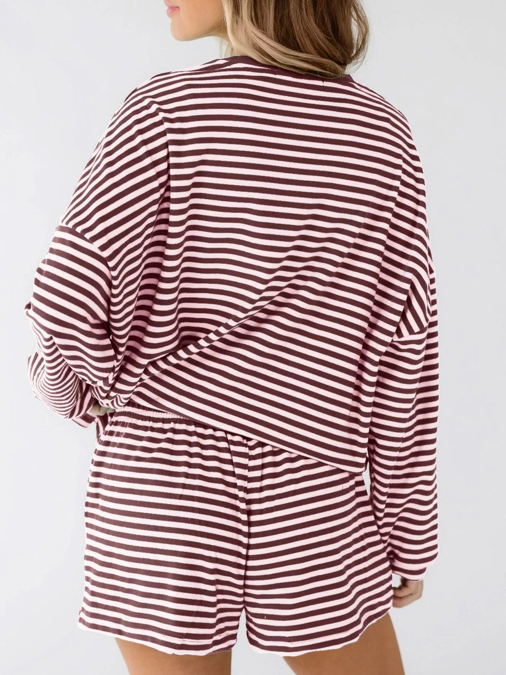 Casual Striped Long Sleeve Top and Shorts Set