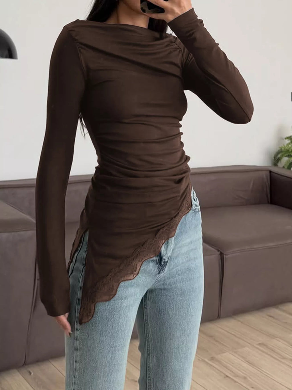 Asymmetrical One-Shoulder Ruched T-Shirt with Lace Trim