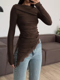 Asymmetrical One-Shoulder Ruched T-Shirt with Lace Trim