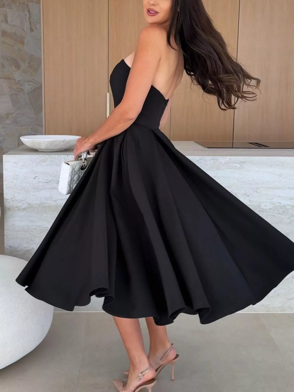 Strapless Ruched A-Line Midi Dress