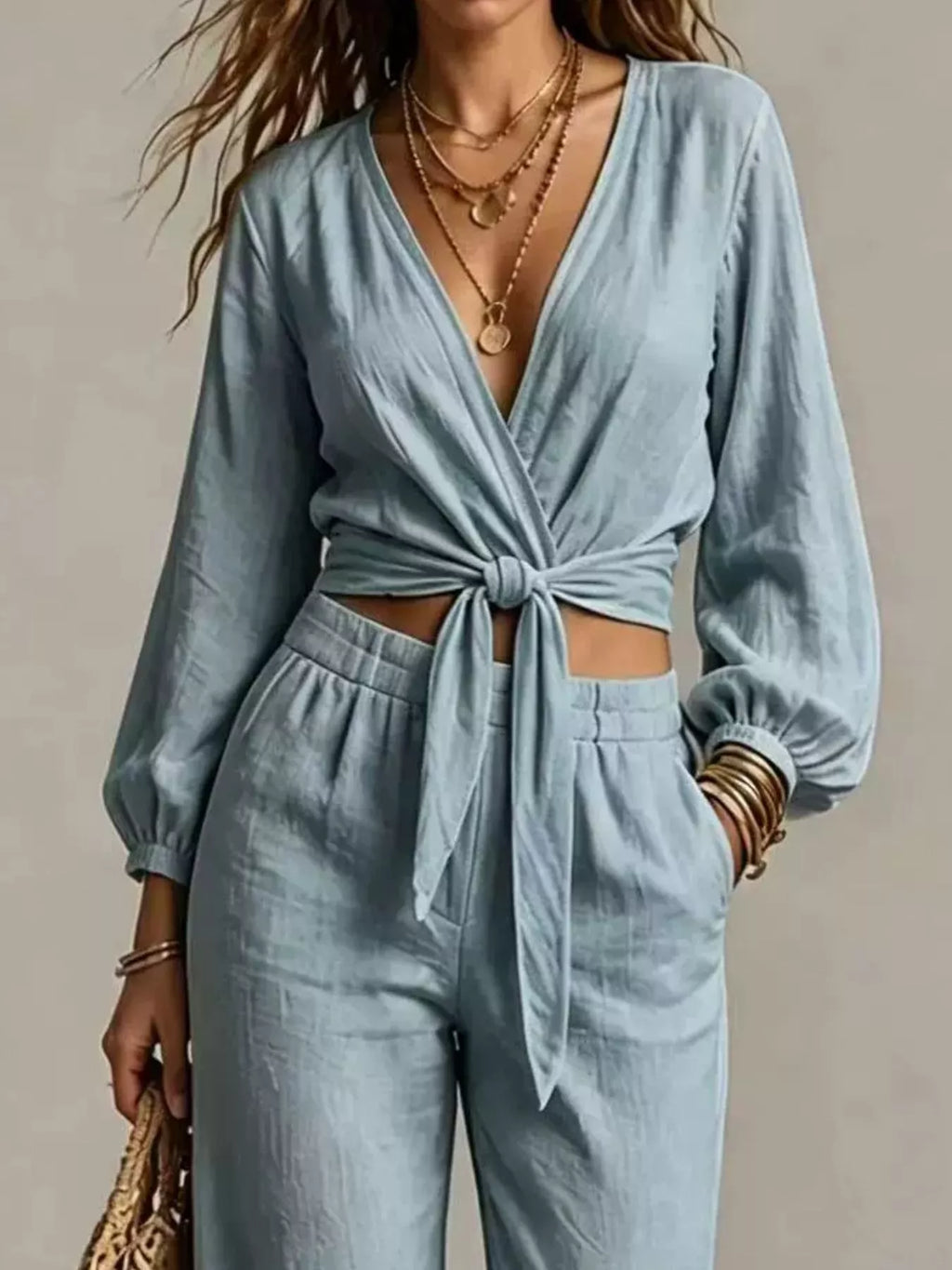 Tie-Front Crop Top and Wide-Leg Pant Set