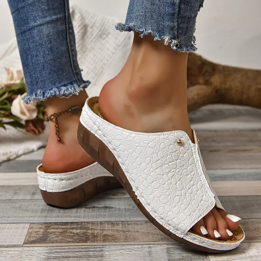 Crocodile-Embossed Wedge Sandals