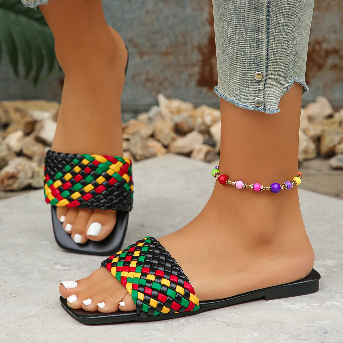 Colorful Open Toe Flats Sandals