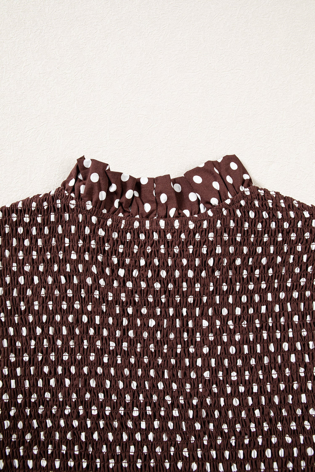 Brown Polka Dot Ruffled High Neck Shirred Ruffle Hem Blouse