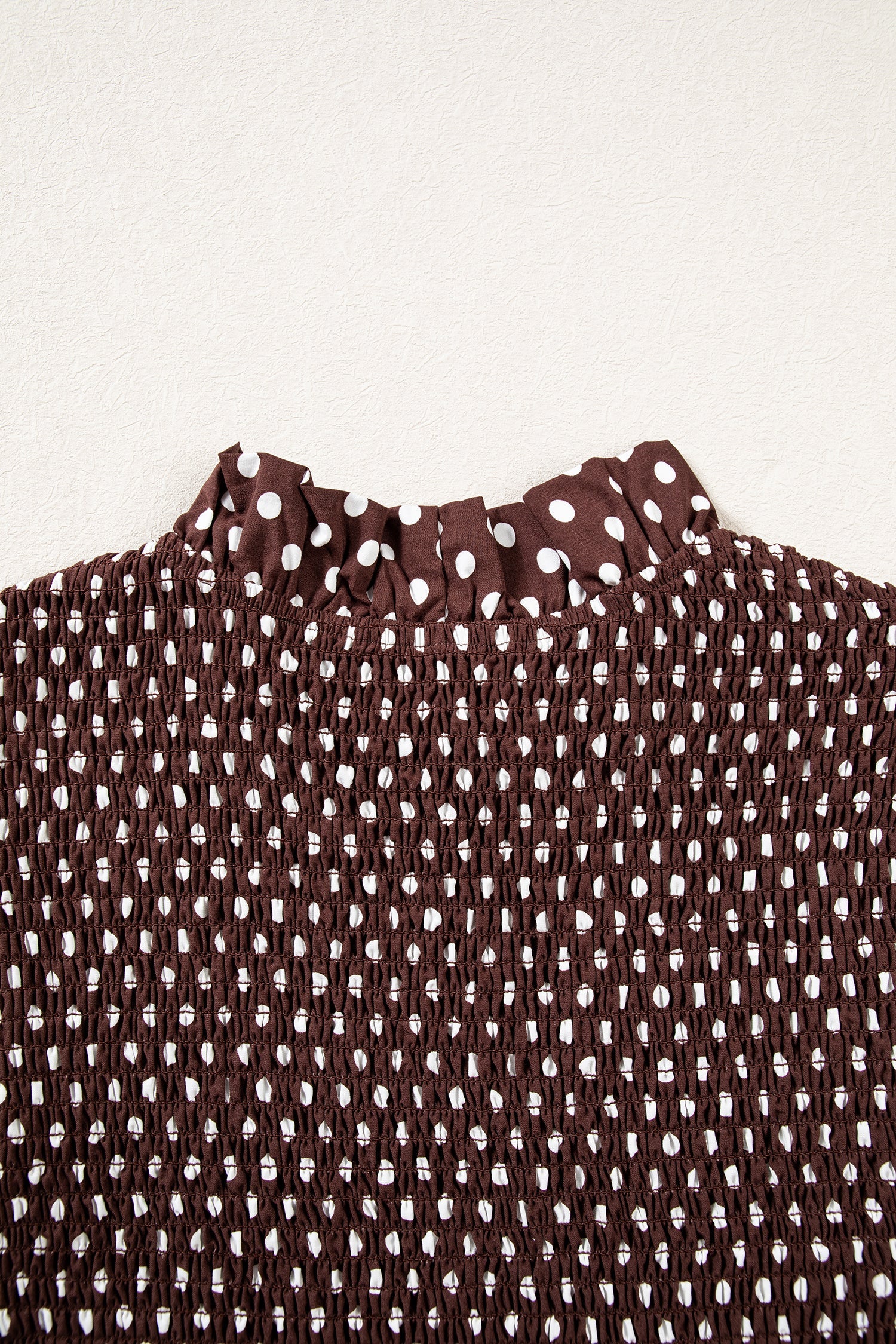 Brown Polka Dot Ruffled High Neck Shirred Ruffle Hem Blouse
