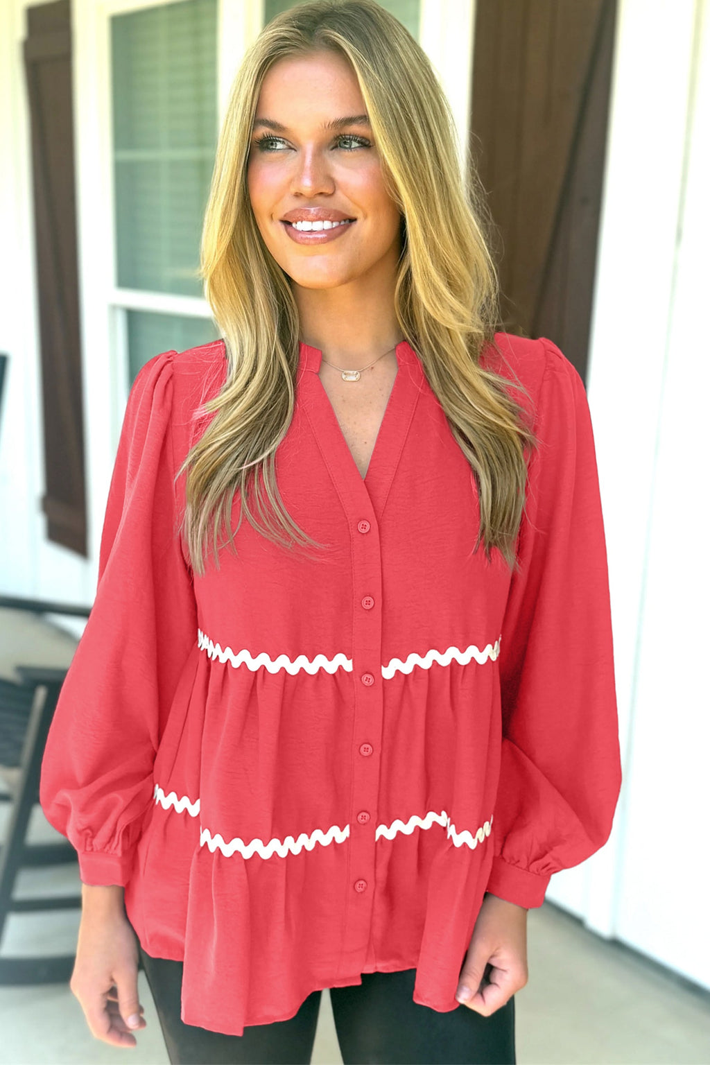 Coral Contrast Ricrac Trim V Neck Button Down Long Sleeve Shirt