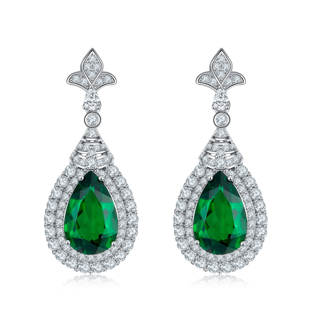 S925 Silver 5.4g Lab-Created Emerald Drop Earrings, 3.4ct 11x7mm Halo Pair