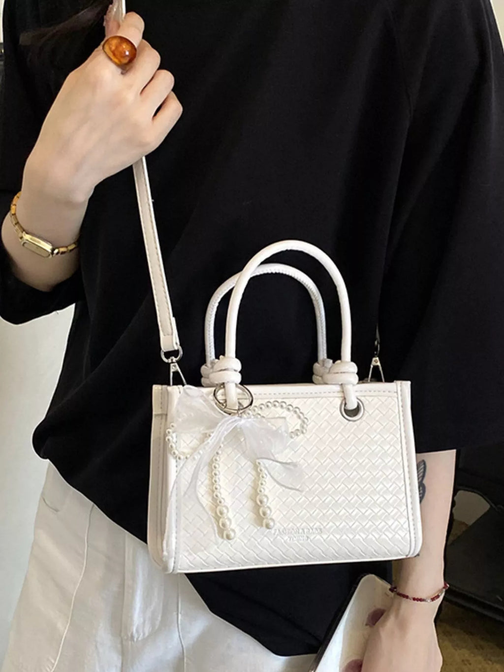 Elegant Bow Pearl Embellished Crossbody Bag