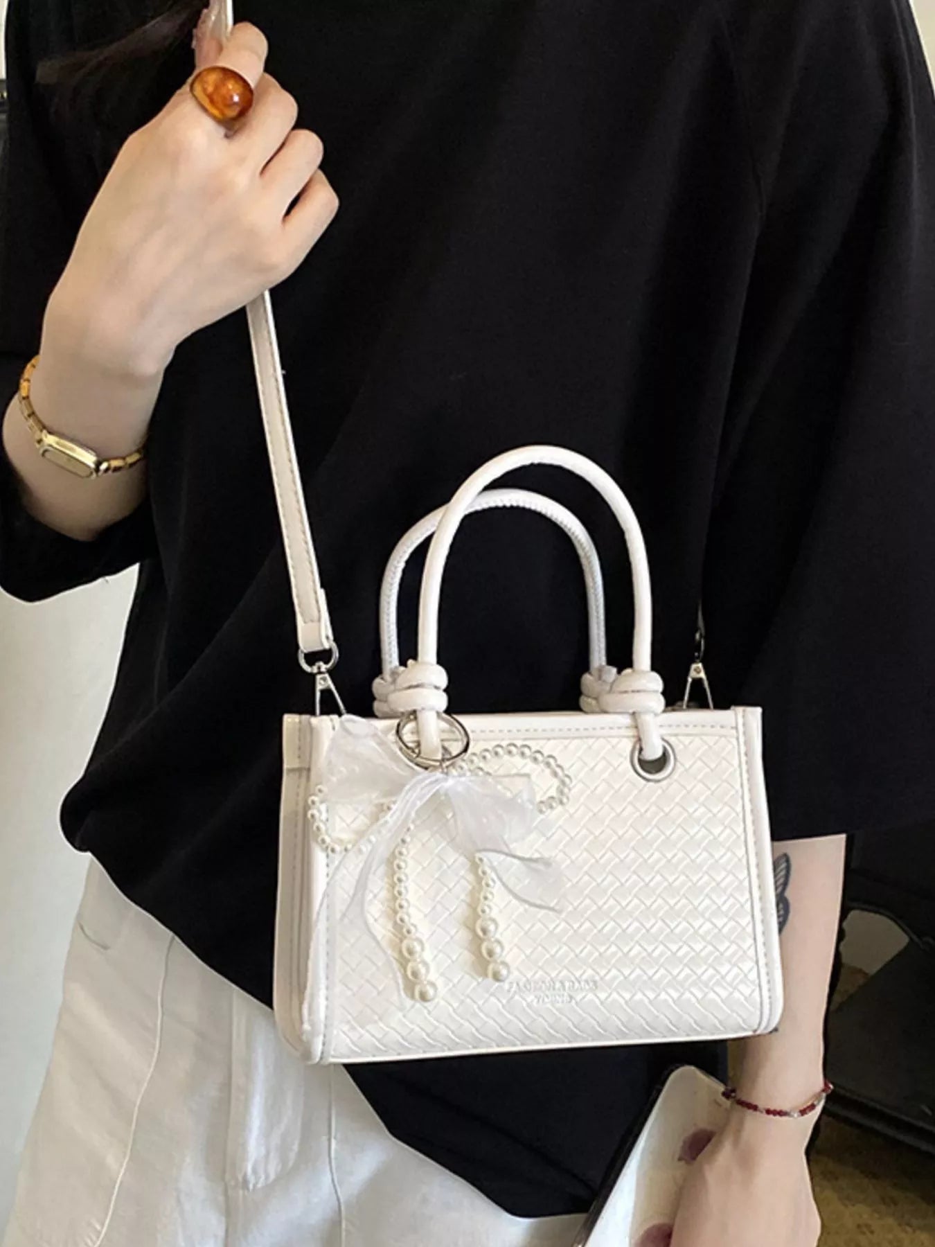 Elegant Bow Pearl Embellished Crossbody Bag