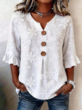 Full Size Floral Button Decor 3/4 Sleeve Blouse Plus Size