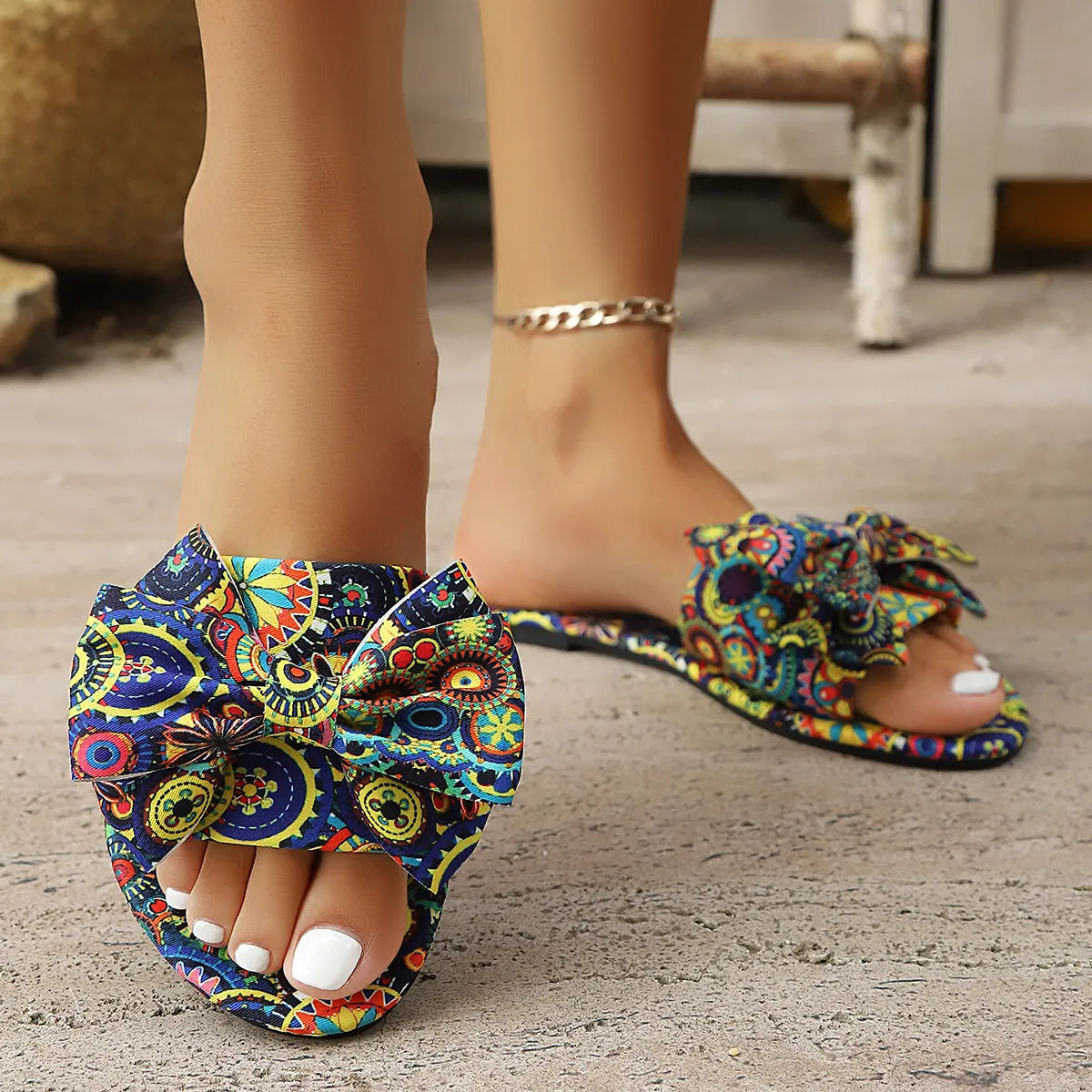 Bow Printed Open Toe Flats Sandals