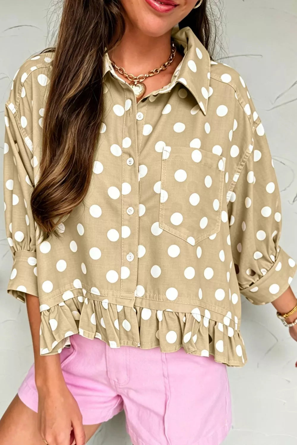 Polka Dot Print Three‑Quarter‑Sleeve Ruffle Hem Casual Shirt