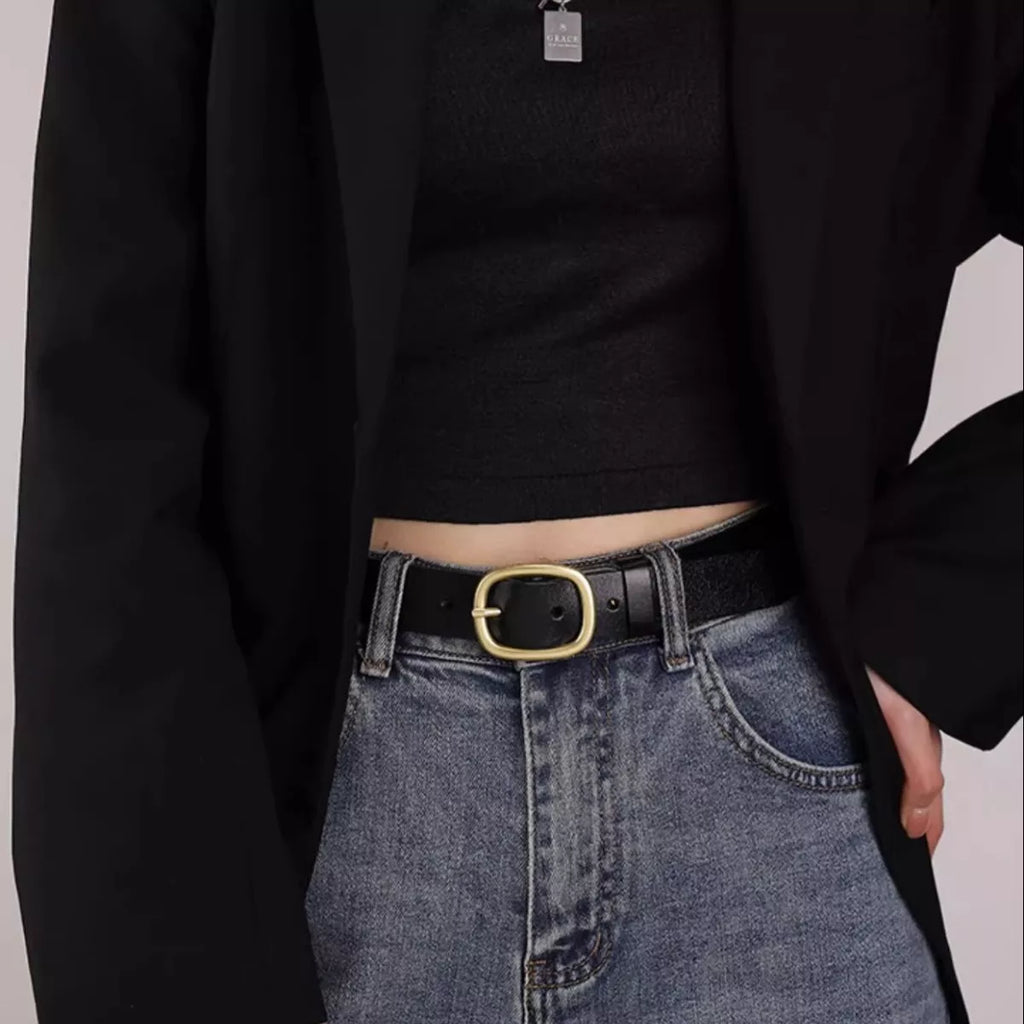 Cowhide Leather Belt with Golden Buckle