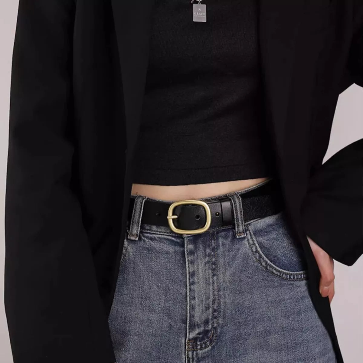 Cowhide Leather Belt with Golden Buckle