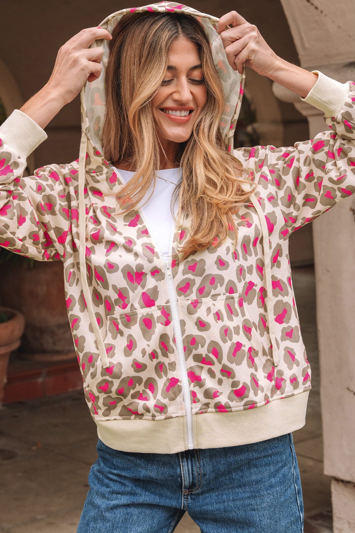 Leopard Zip-Up Hooded Sweatshirt