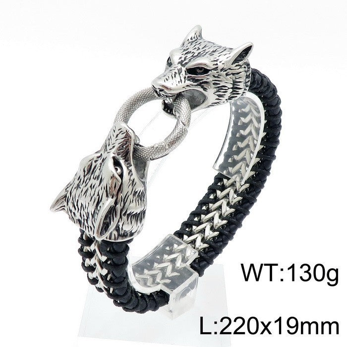 Titanium Steel Wolf Lion Skull Leather Bracelet