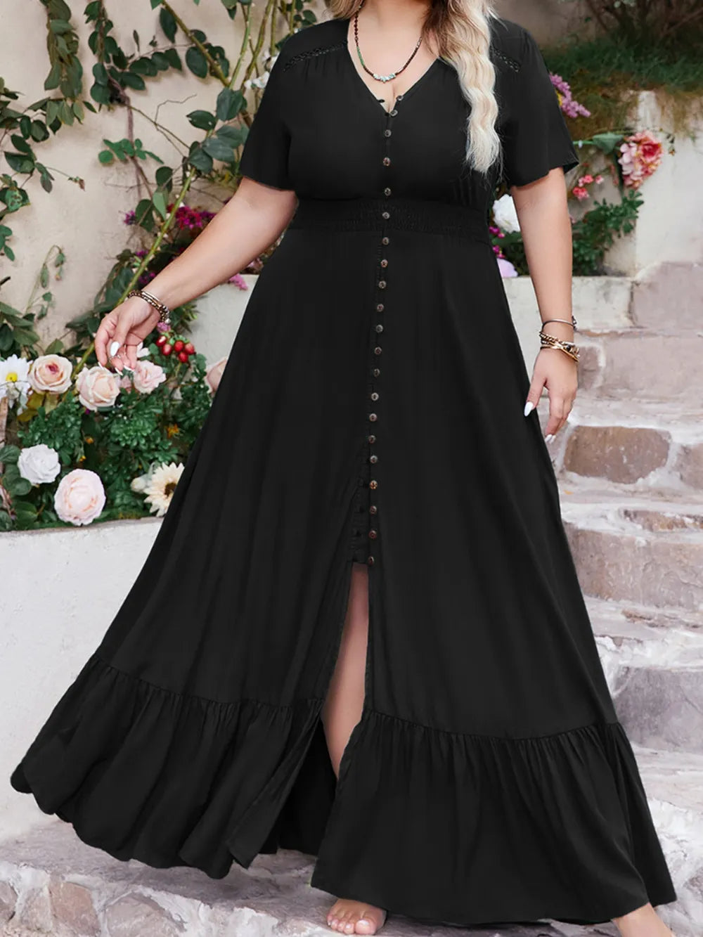 Ruffled Hem Button Down V-Neck Short Sleeve Maxi Dress