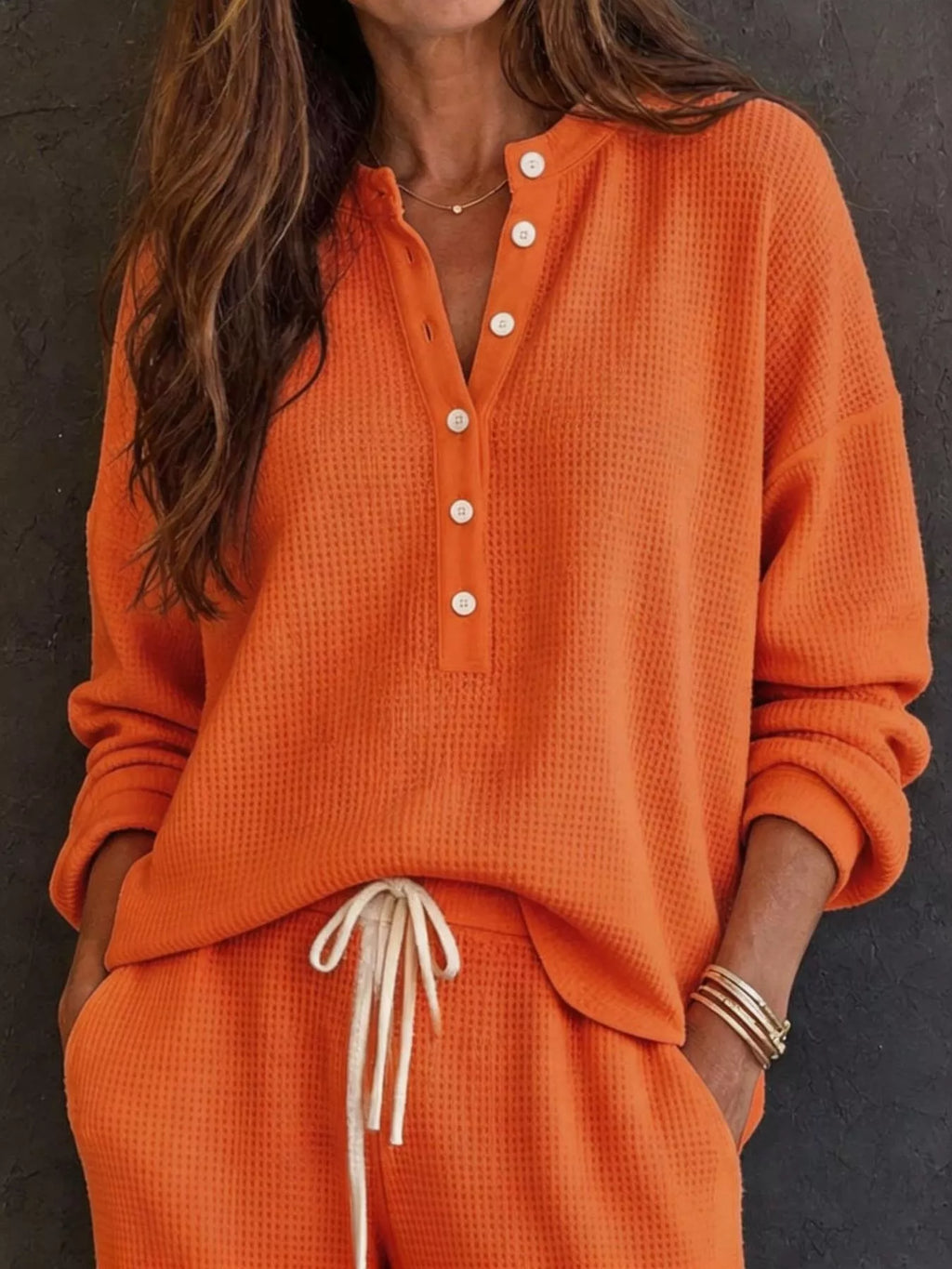 Waffle Knit Henley Top and Wide Leg Pants Set