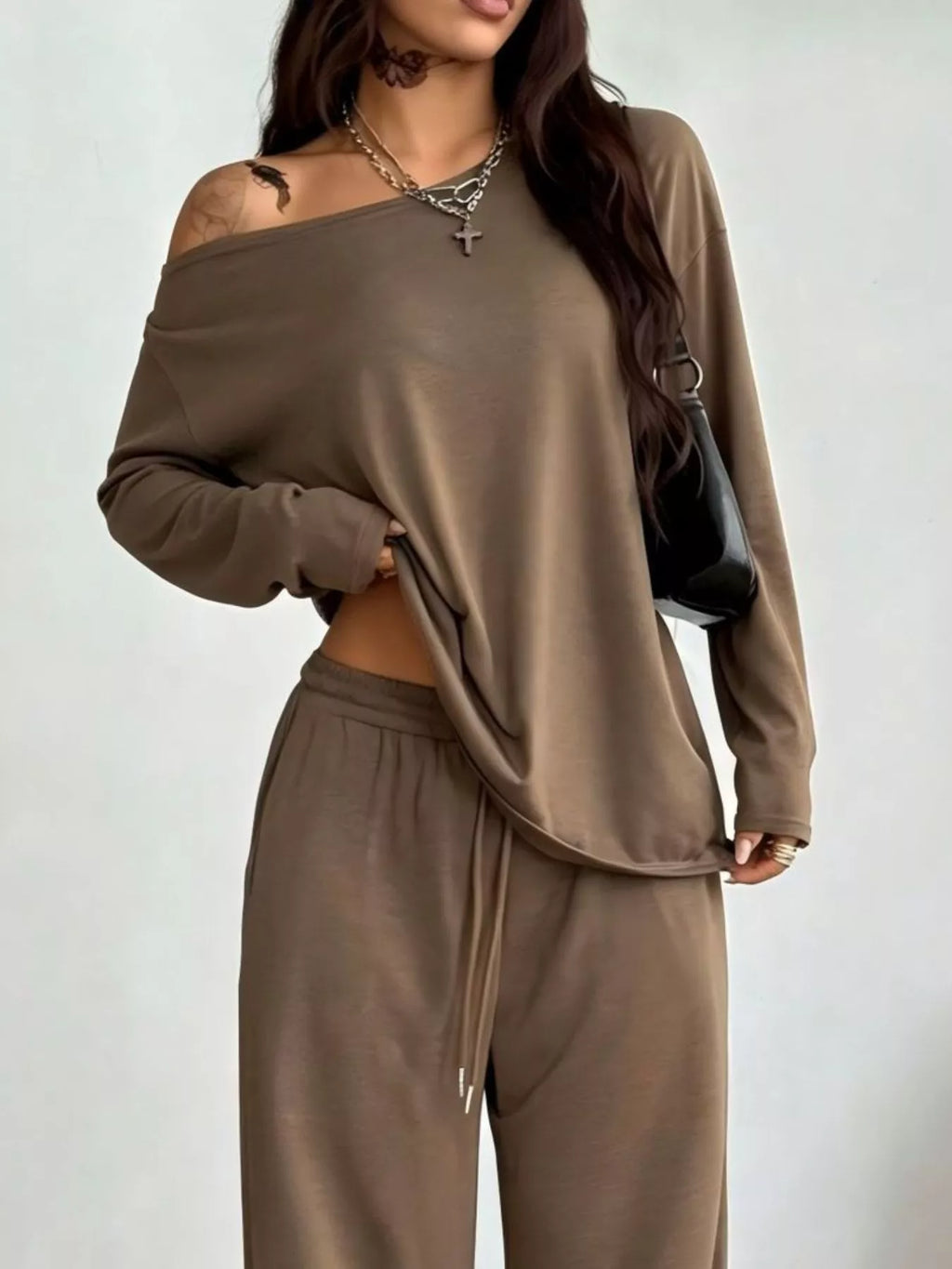 Full Size One-Shoulder Top and Drawstring Pants Set Plus Size