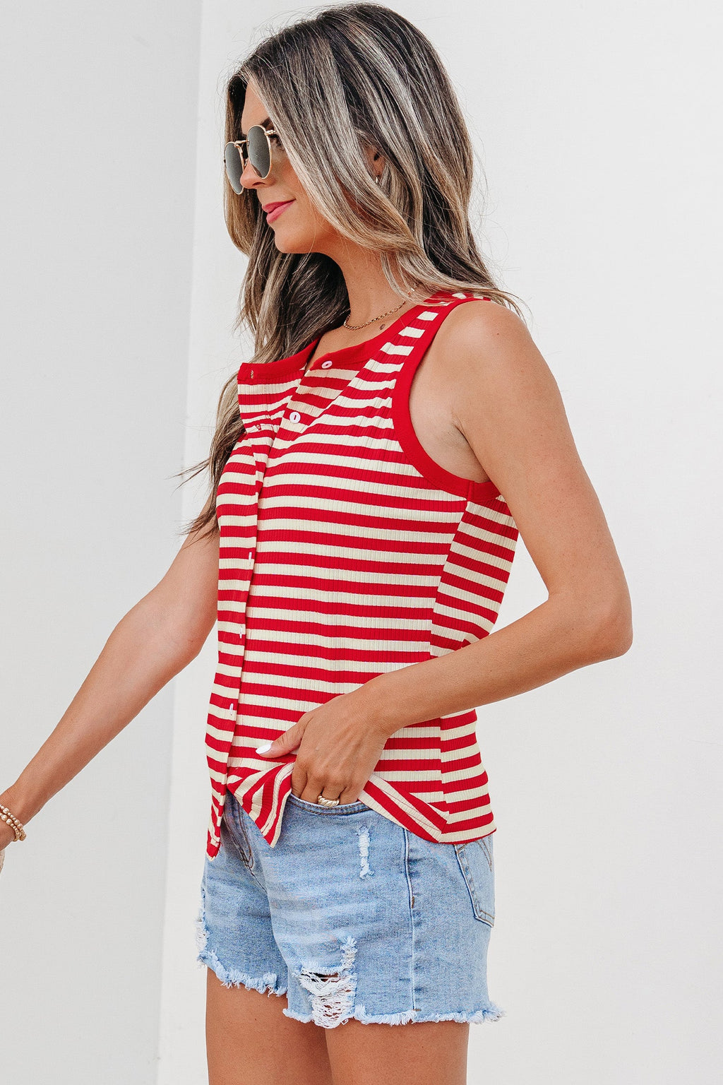 Red Stripe Buttoned Ribbed Knit Tank Top