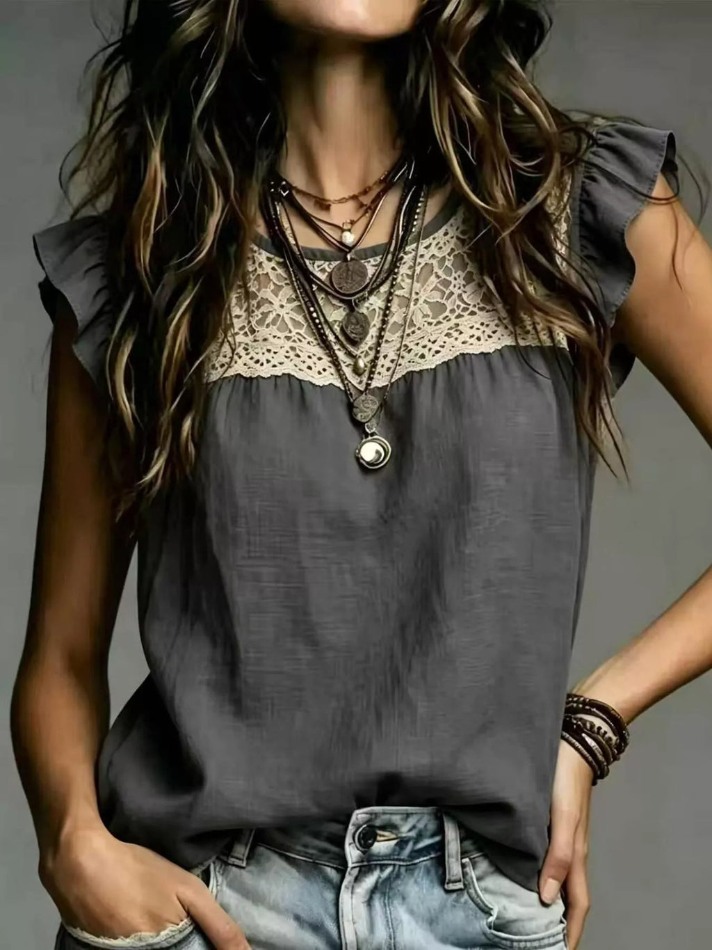 Full Size Lace Trim Ruffle Sleeve Blouse Plus Size