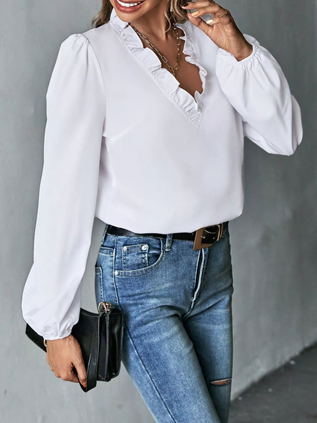 Ruffled Trim V-Neck Blouse