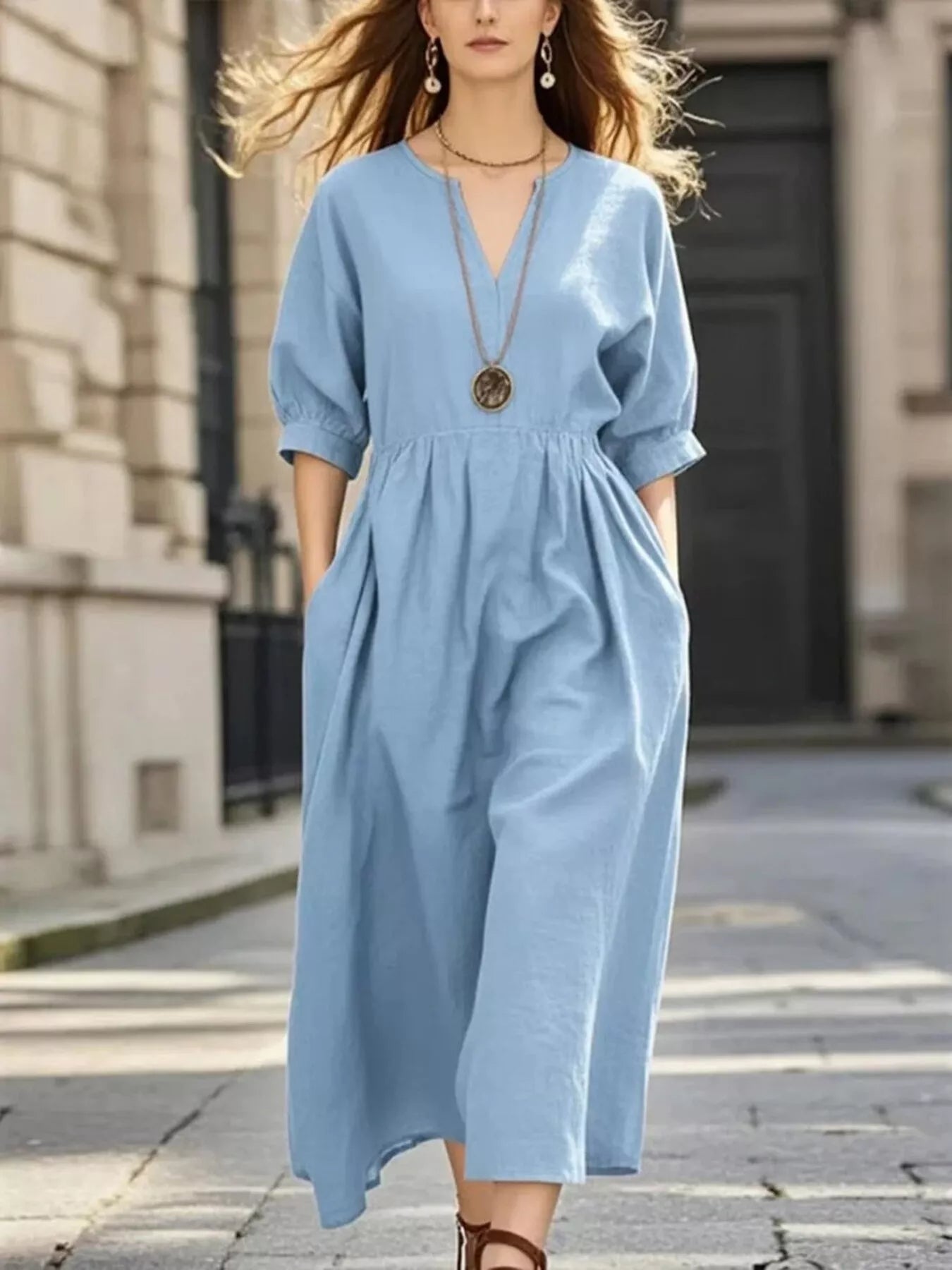 Notched Half Sleeve Midi Dress