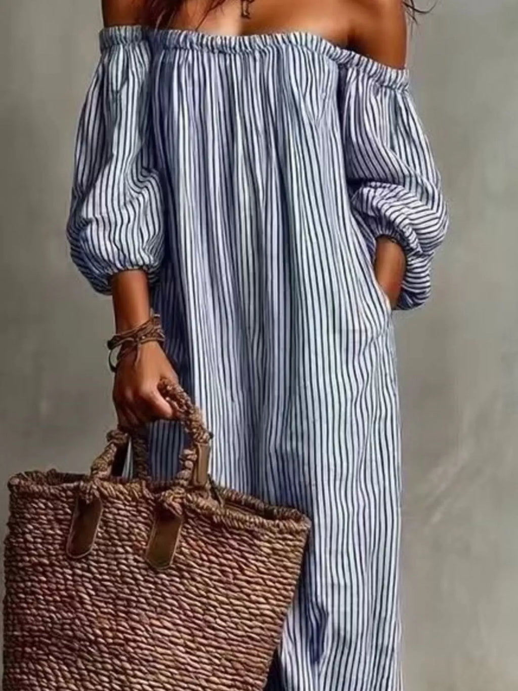 Full Size Off-Shoulder Striped Maxi Dress with Puff Sleeves Plus Size