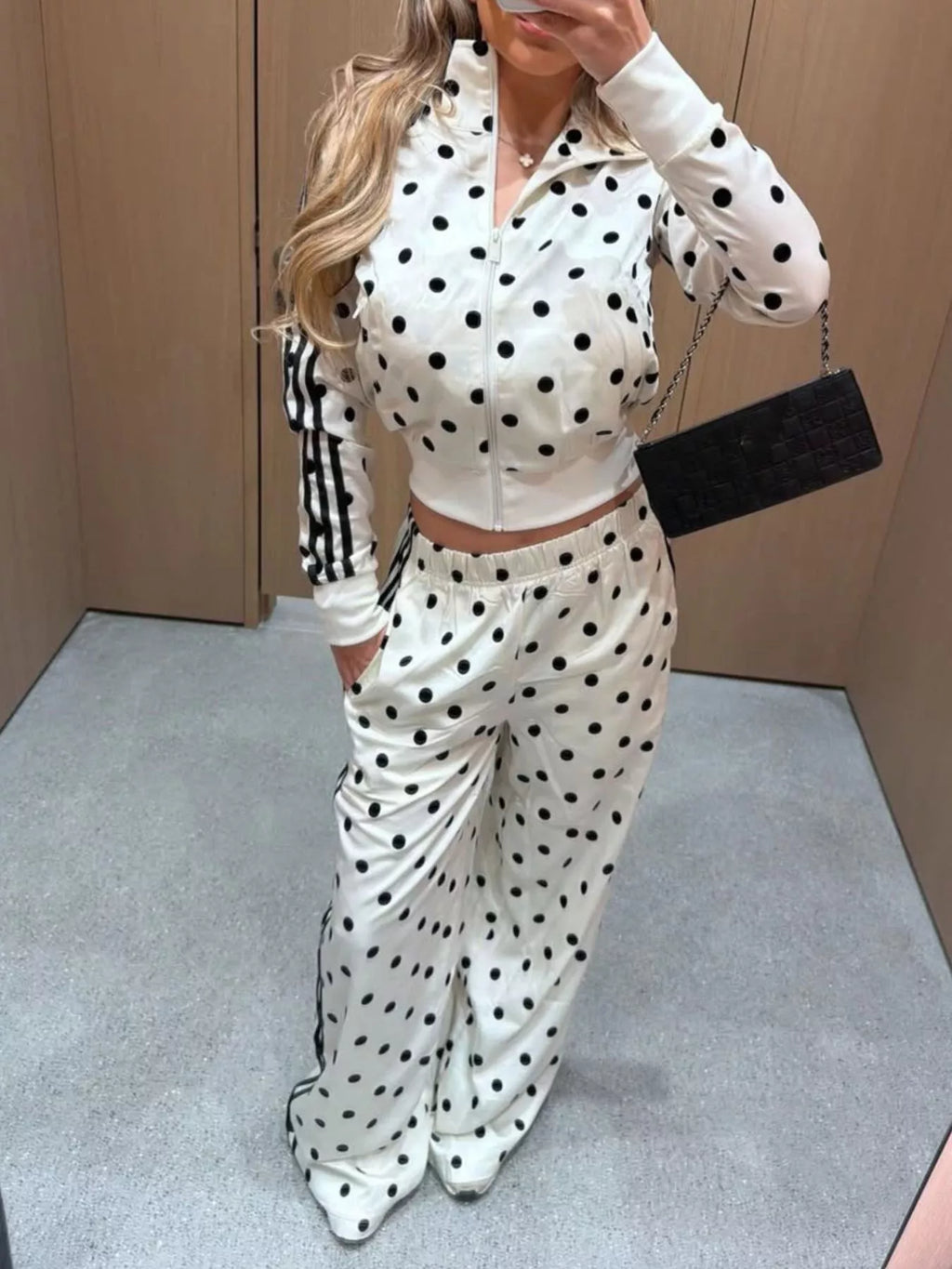 Polka Dot Side Striped Outerwear and Pants Set