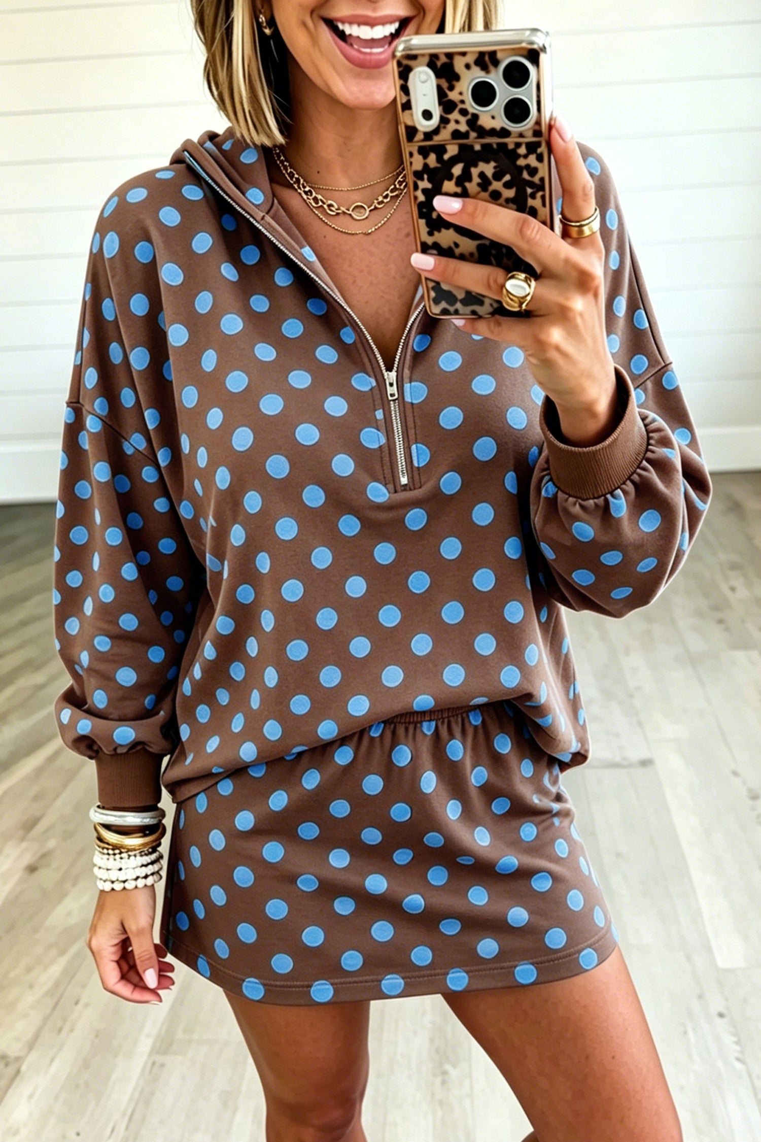 Pink Polka Dot Hooded Long Sleeve Top Casual Mini Skort Set