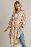 Mixed Print Open Front Kimono with Ruffle Sleeves