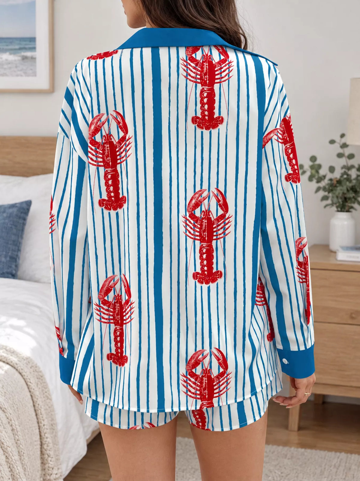 Lobster Print Striped Button-Down Shirt and Shorts Set