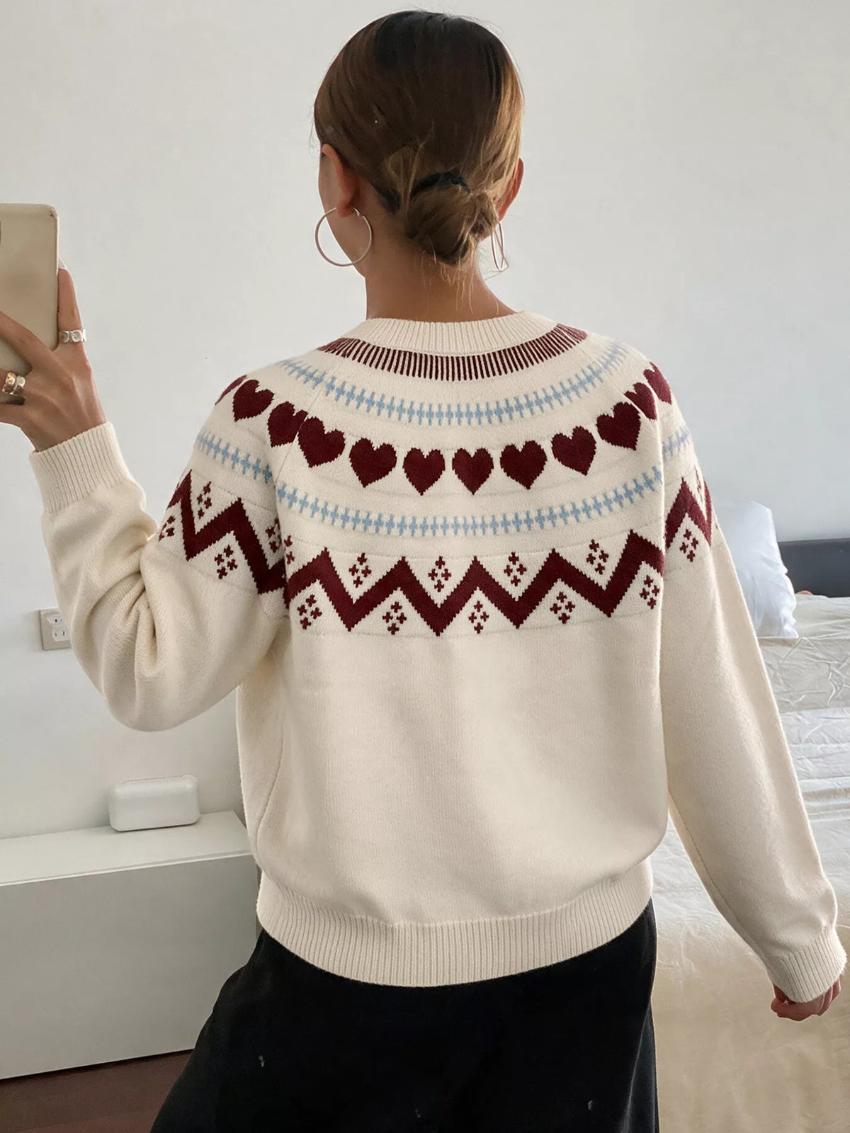 Heart-Patterned Crew Neck Sweater