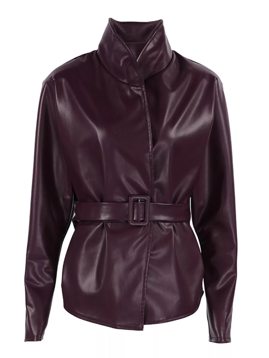 Stand Collar Belted Faux Leather Jacket