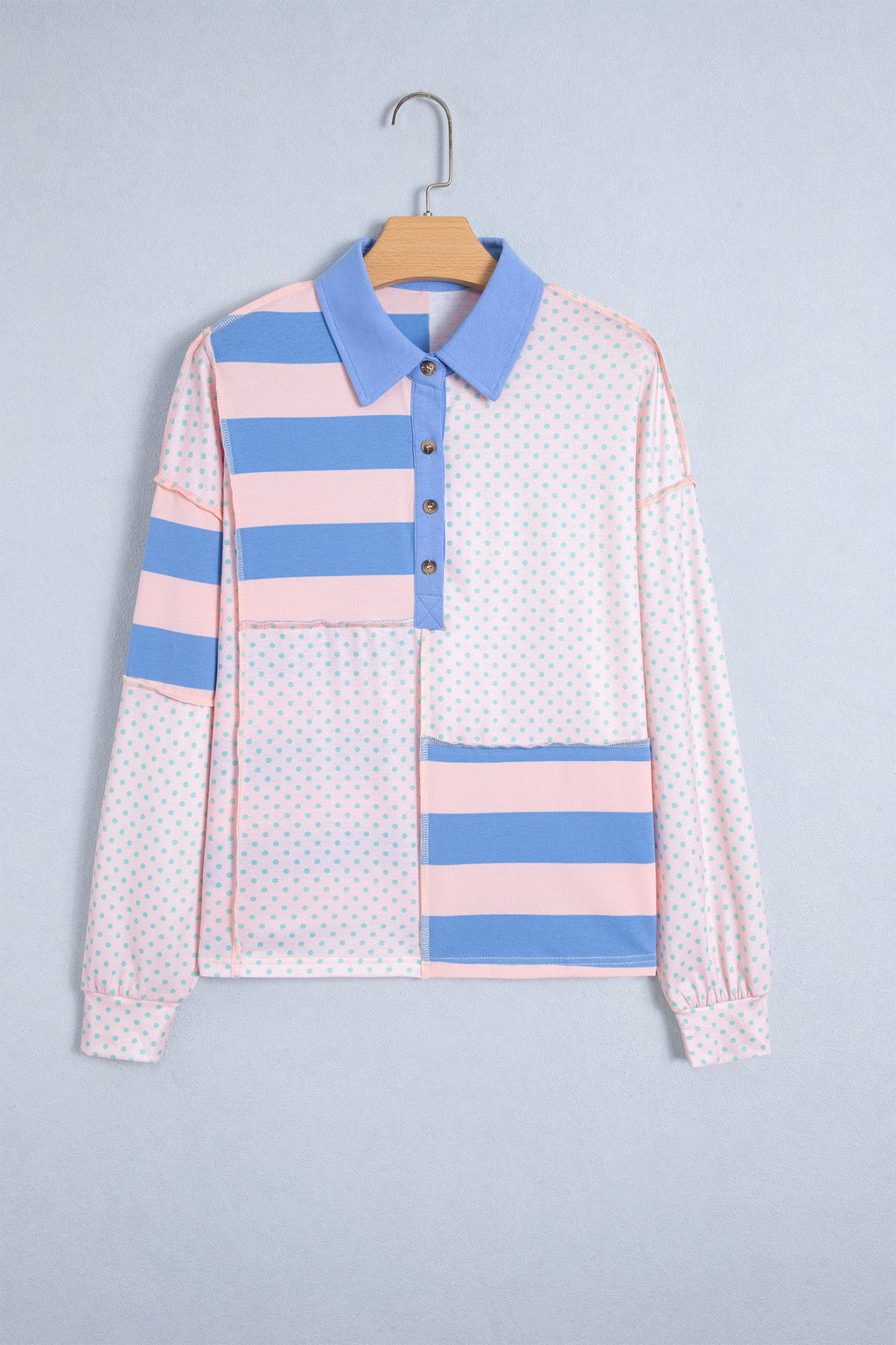 Stripe Polka Dot Patchwork Exposed Seam Polo Top