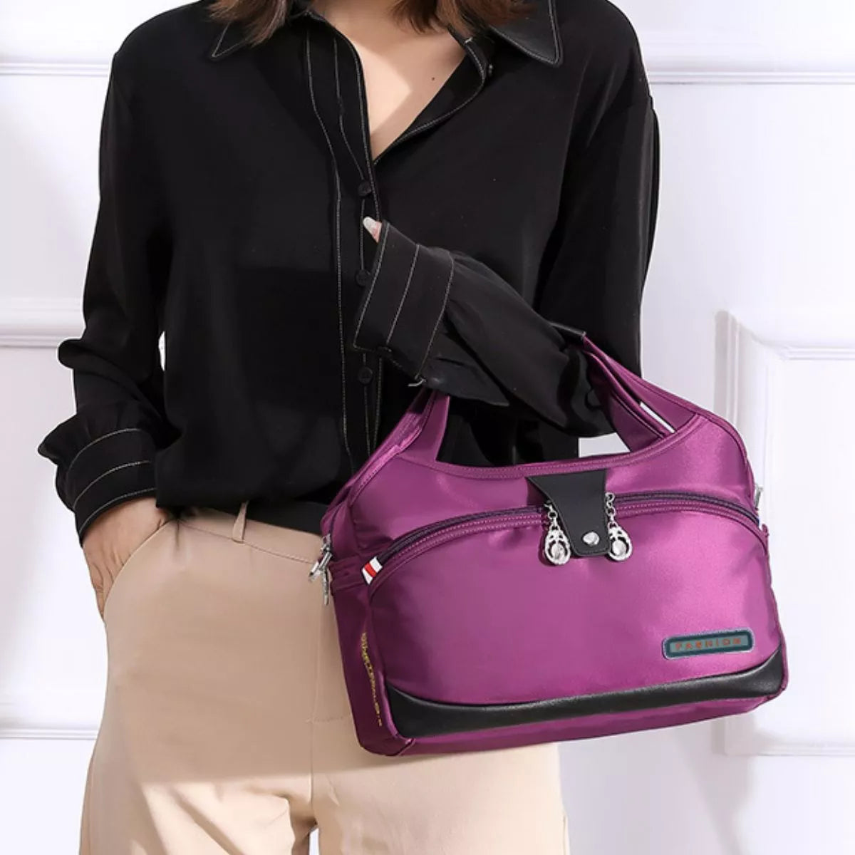 Lightweight Nylon Handbag with Multiple Pockets